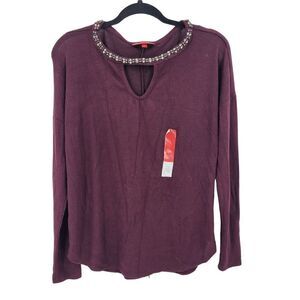 Jennifer Lopez Sweater S Maroon Oxblood Rhinestone‎ Cutout Jewel Neck Holiday